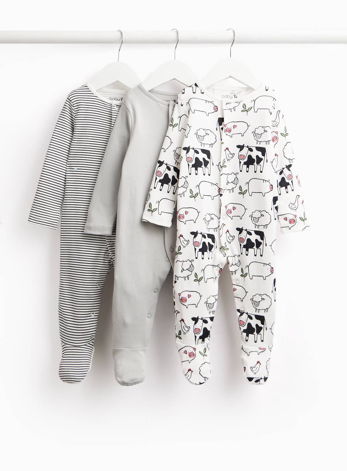 Monochrome Farmyard Print Sleepsuits 3-Pack Up to 1 mth - Image 1